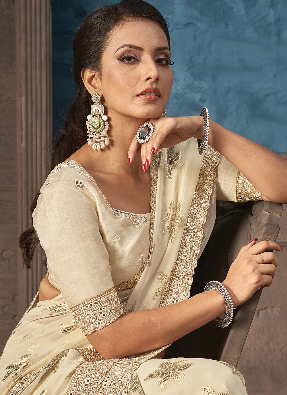 Trendy Saree Georgette Jacquard Cream Embroidered Saree