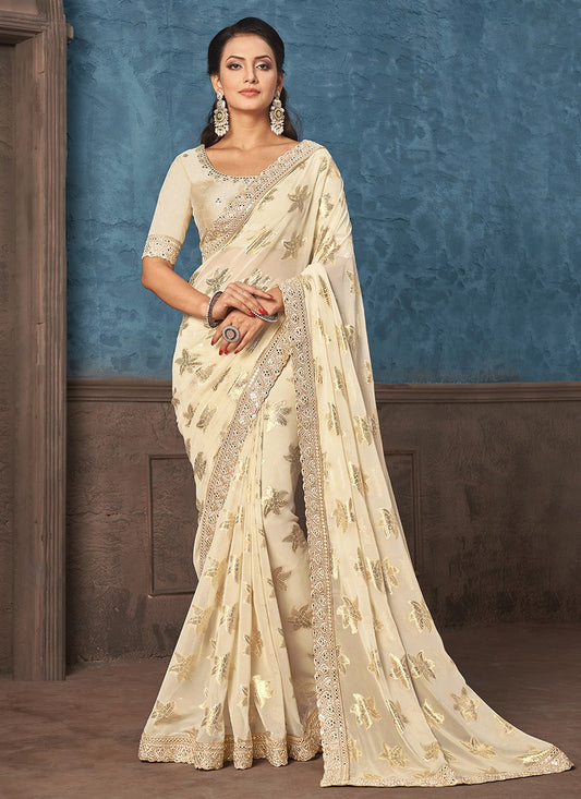 Trendy Saree Georgette Jacquard Cream Embroidered Saree