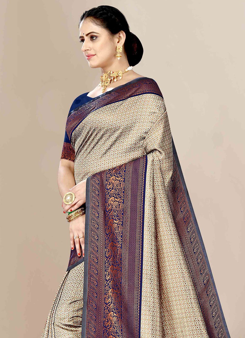 Contemporary Banarasi Silk Cream Jacquard Work Saree