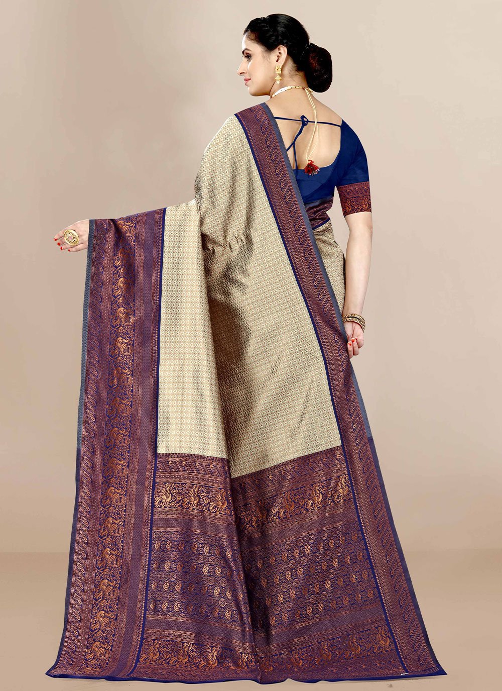 Contemporary Banarasi Silk Cream Jacquard Work Saree