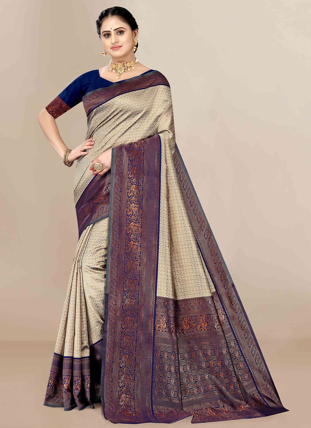 Contemporary Banarasi Silk Cream Jacquard Work Saree