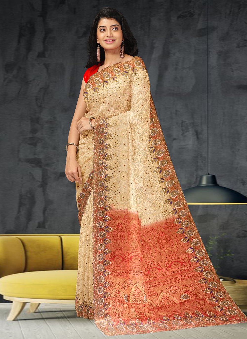 Trendy Saree Kanchipuram Silk Cream Hand Work Saree