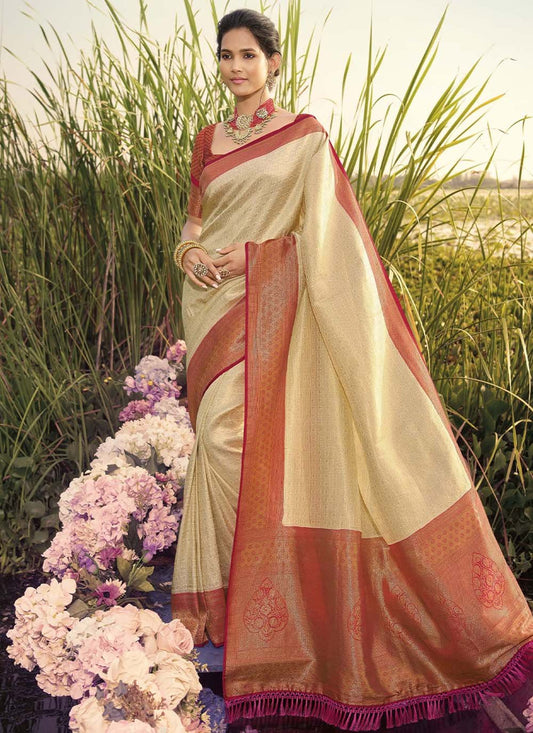 Classic Kanjivaram Silk Cream Jacquard Work Saree