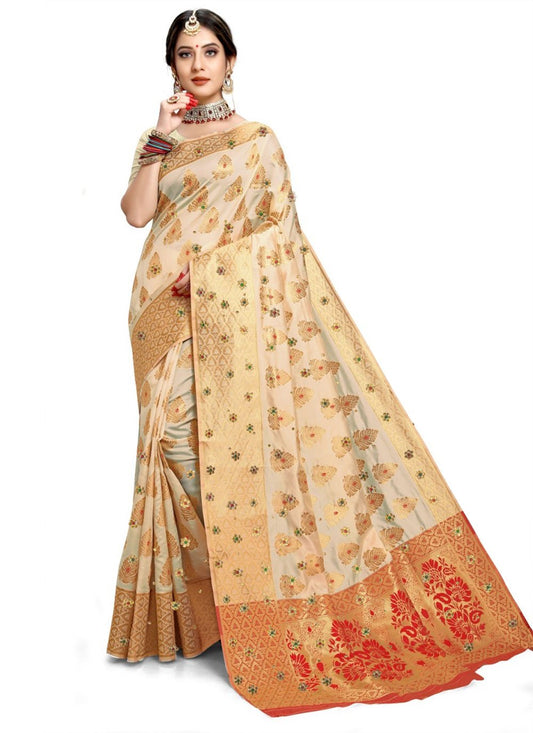 Designer Kanjivaram Silk Cream Embroidered Saree