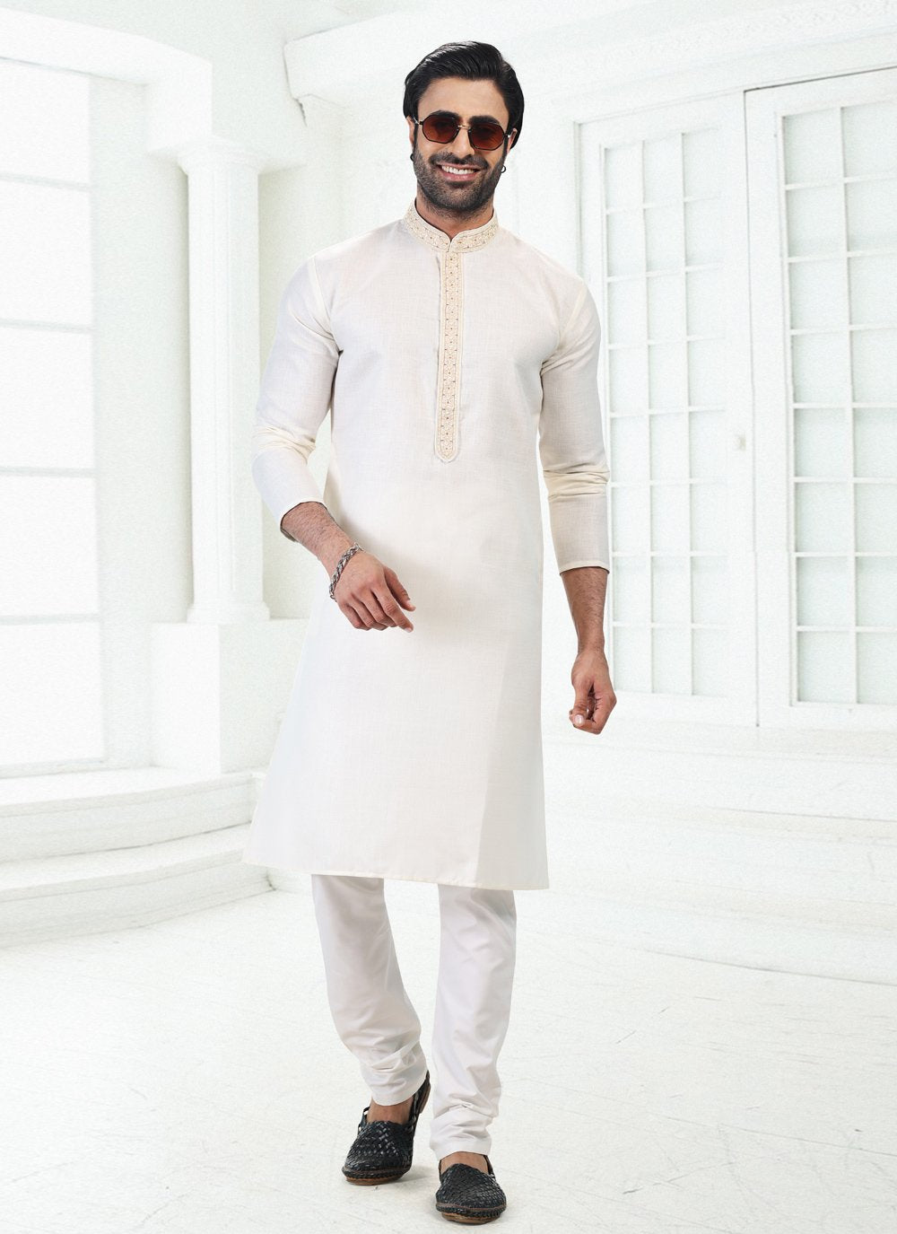 Kurta Pyjama Cotton Linen Cream Thread Mens