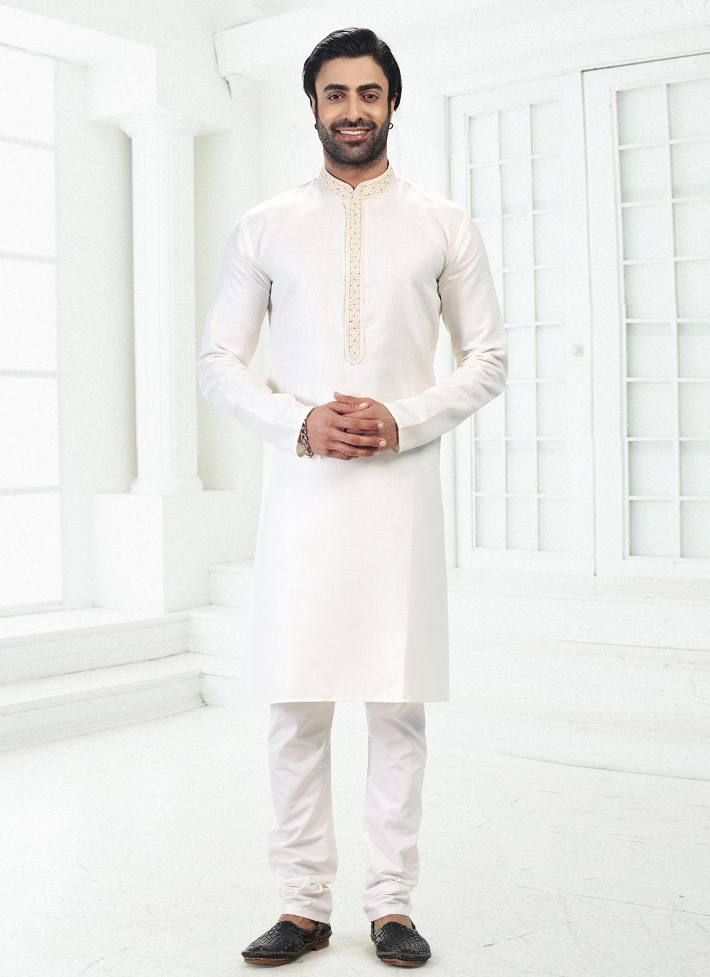 Kurta Pyjama Cotton Linen Cream Thread Mens