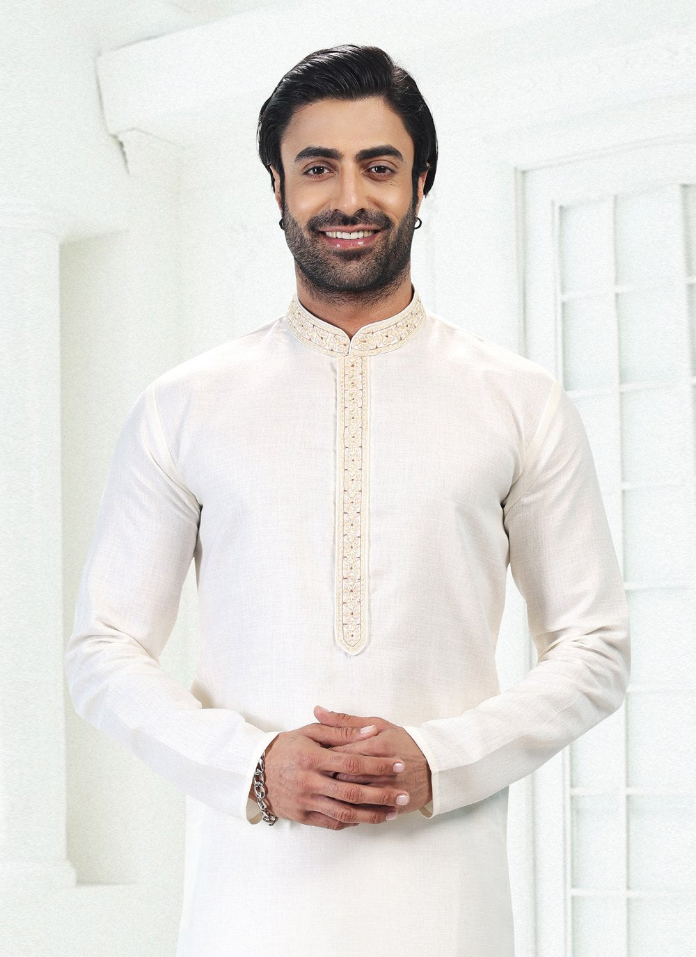 Kurta Pyjama Cotton Linen Cream Thread Mens