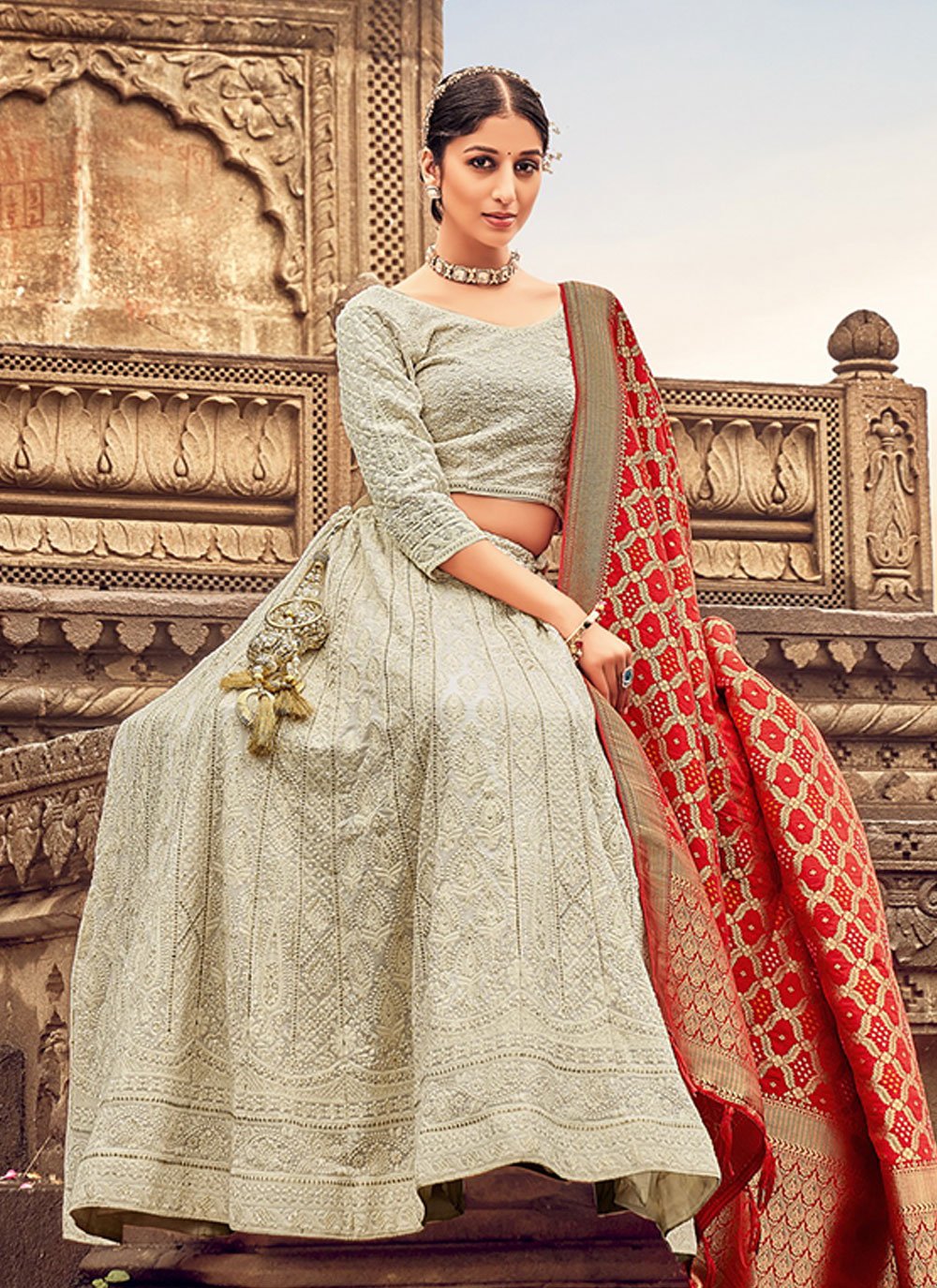 Lehenga Choli Georgette Cream Embroidered Lehenga Choli