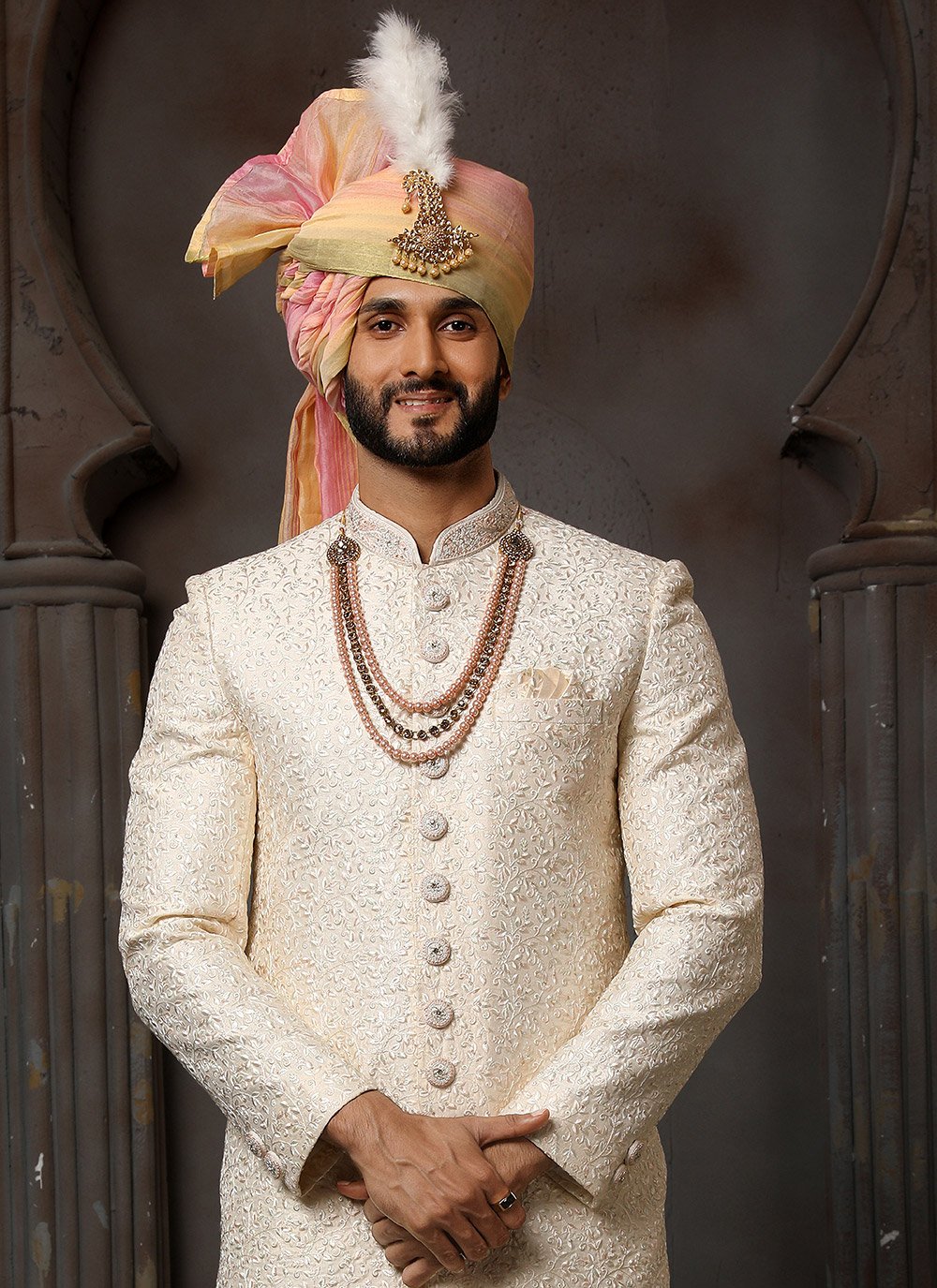 Sherwani Art Silk Cream Machine Embroidery Mens