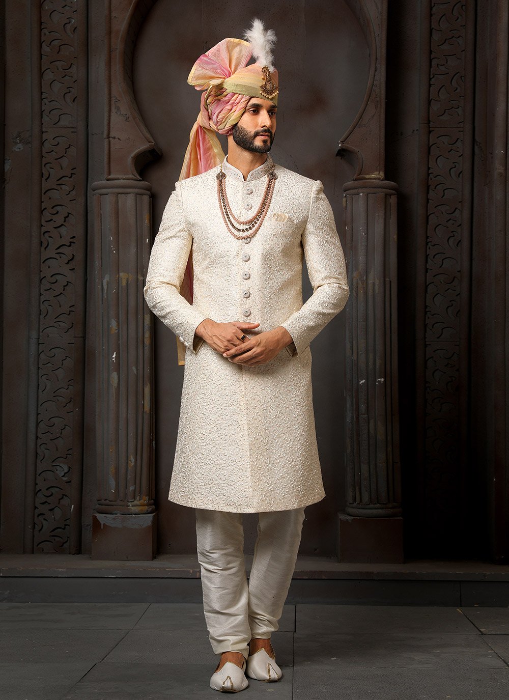 Sherwani Art Silk Cream Machine Embroidery Mens