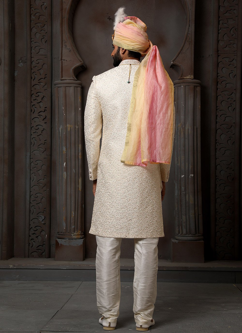 Sherwani Art Silk Cream Machine Embroidery Mens