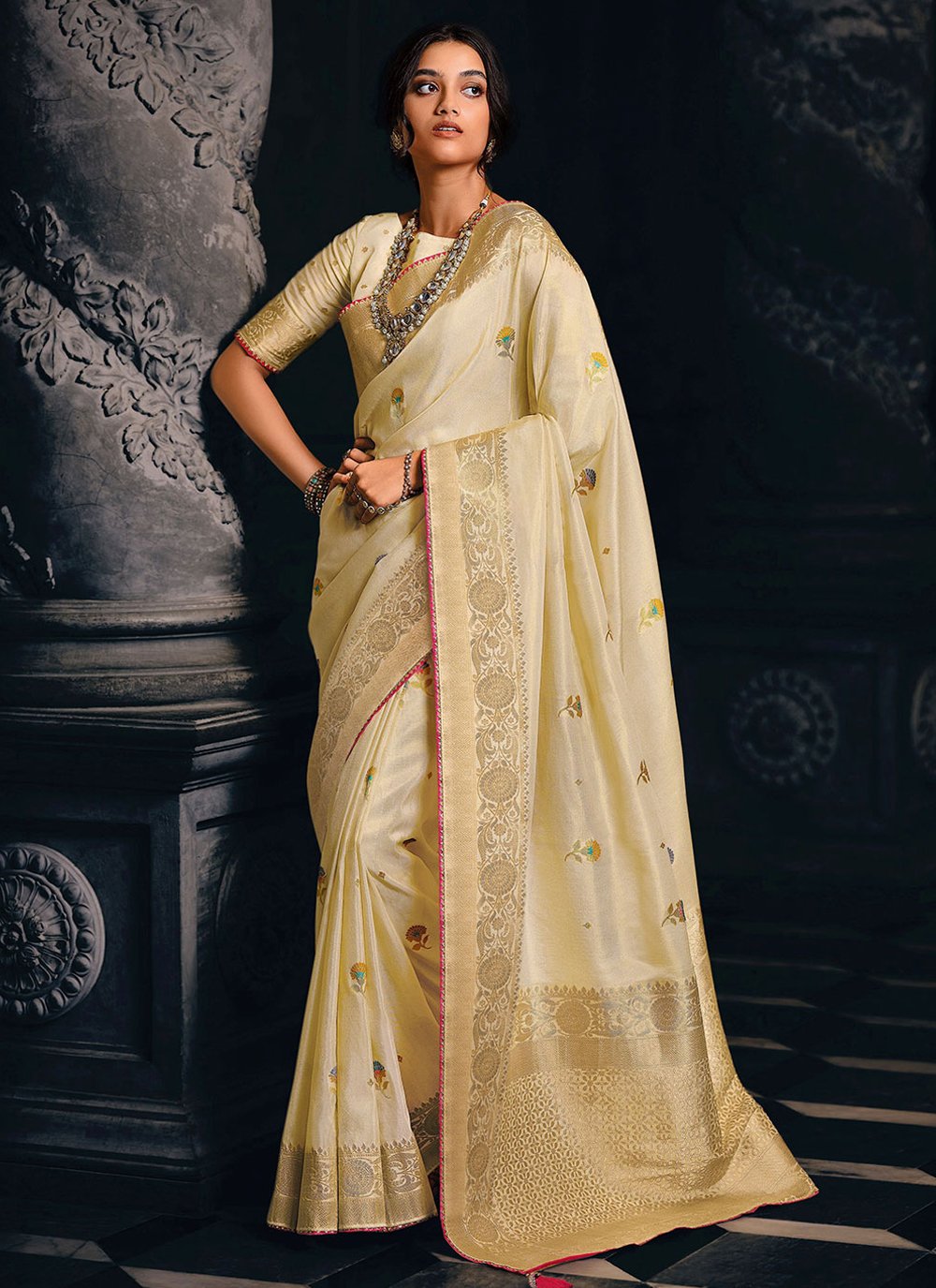 Classic Silk Tissue Cream Meenakari Saree