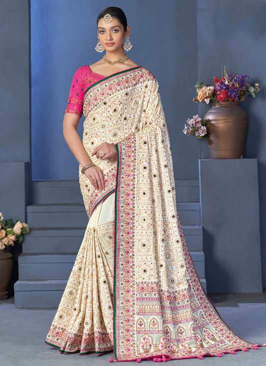 Designer Silk Cream Embroidered Saree