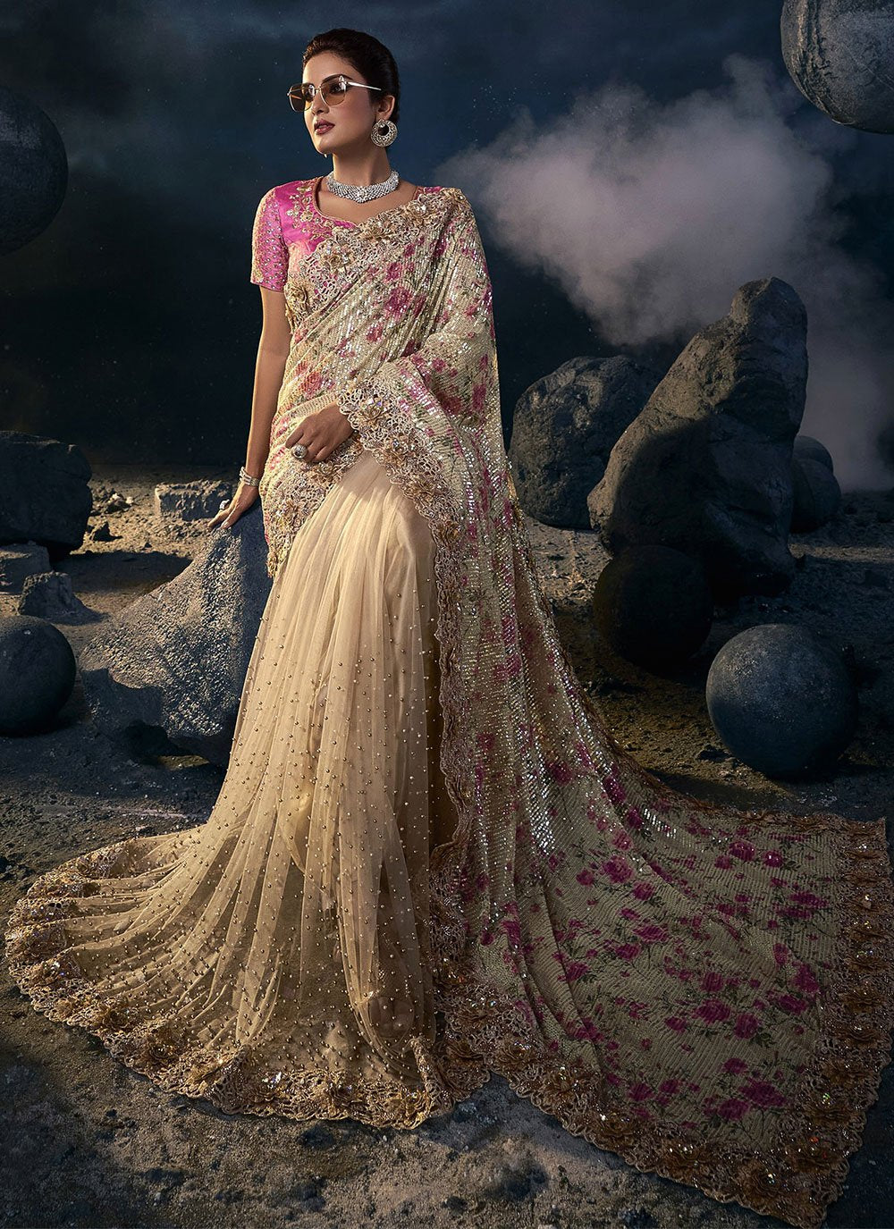 Contemporary Net Cream Embroidered Saree