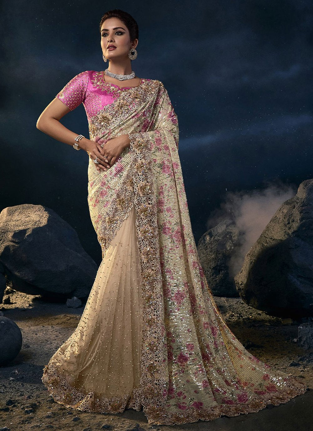 Contemporary Net Cream Embroidered Saree