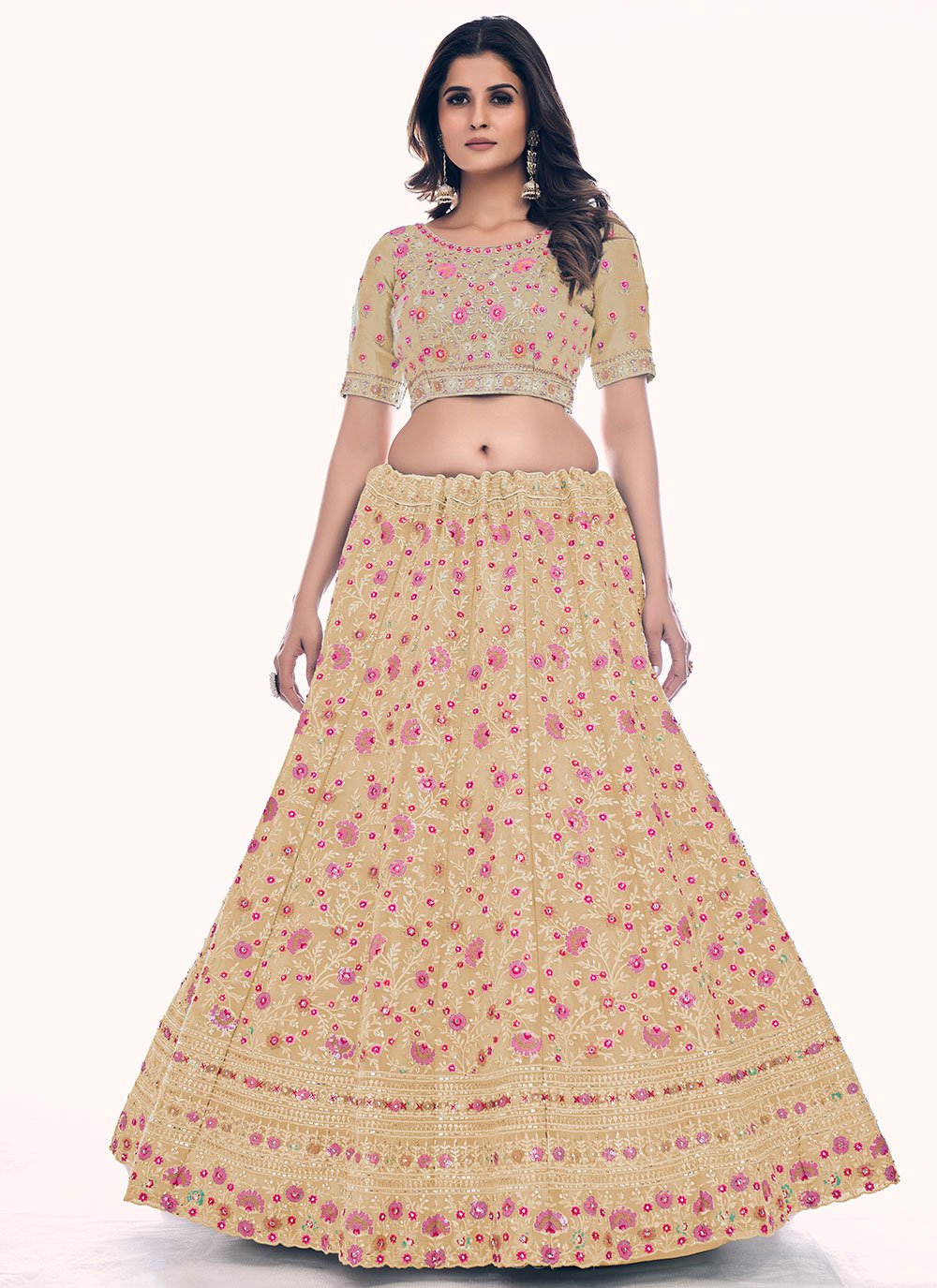 A Line Lehenga Net Cream Sequins Lehenga Choli