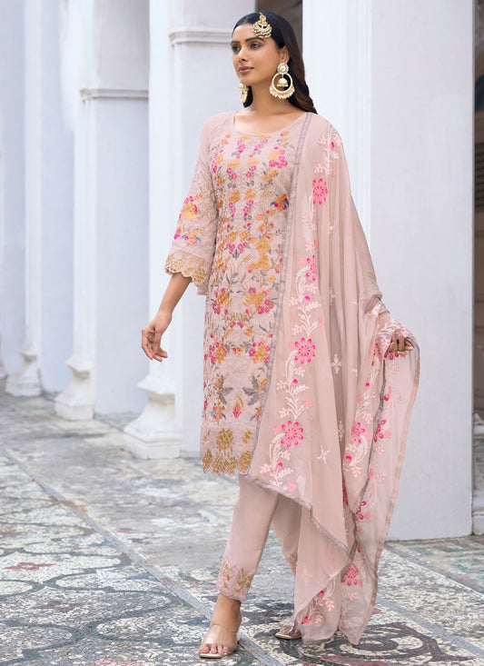 Pant Style Suit Faux Georgette Cream Embroidered Salwar Kameez
