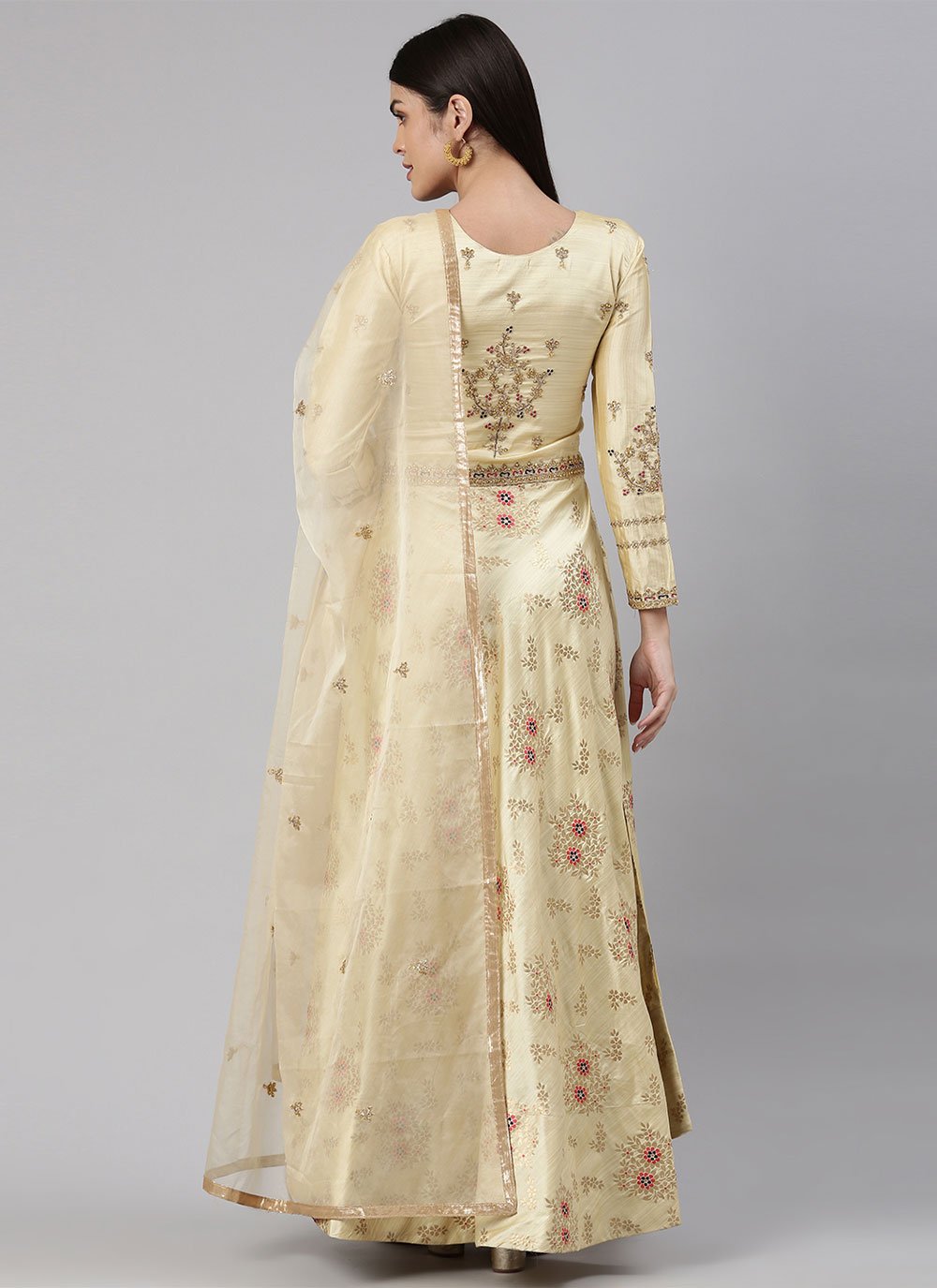 Gown Banarasi Jacquard Cream Embroidered Gown