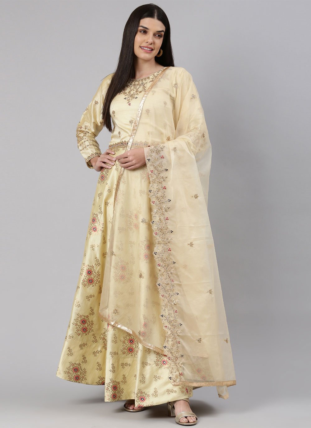 Gown Banarasi Jacquard Cream Embroidered Gown