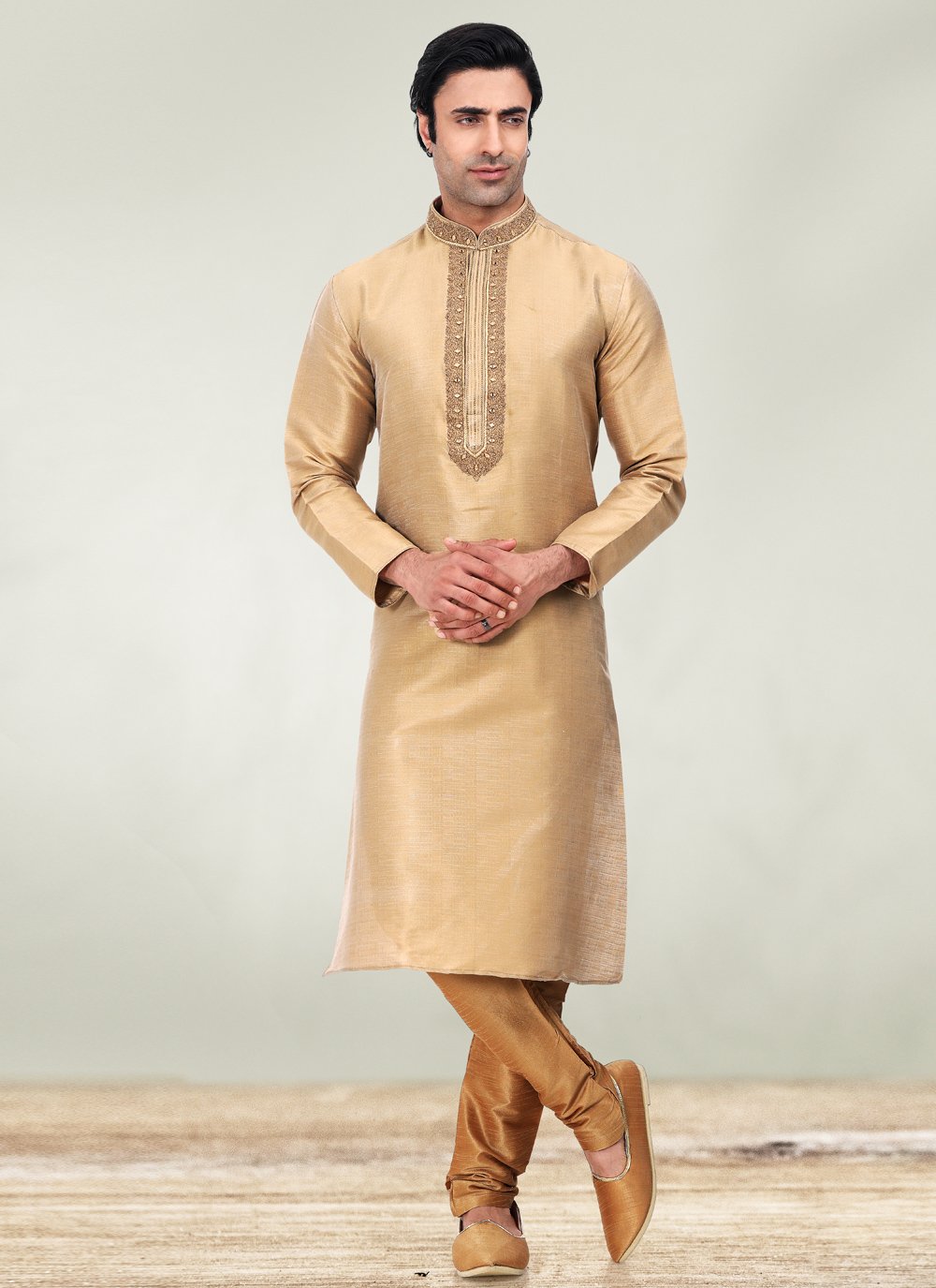 Kurta Pyjama Art Banarasi Silk Cream Embroidered Mens