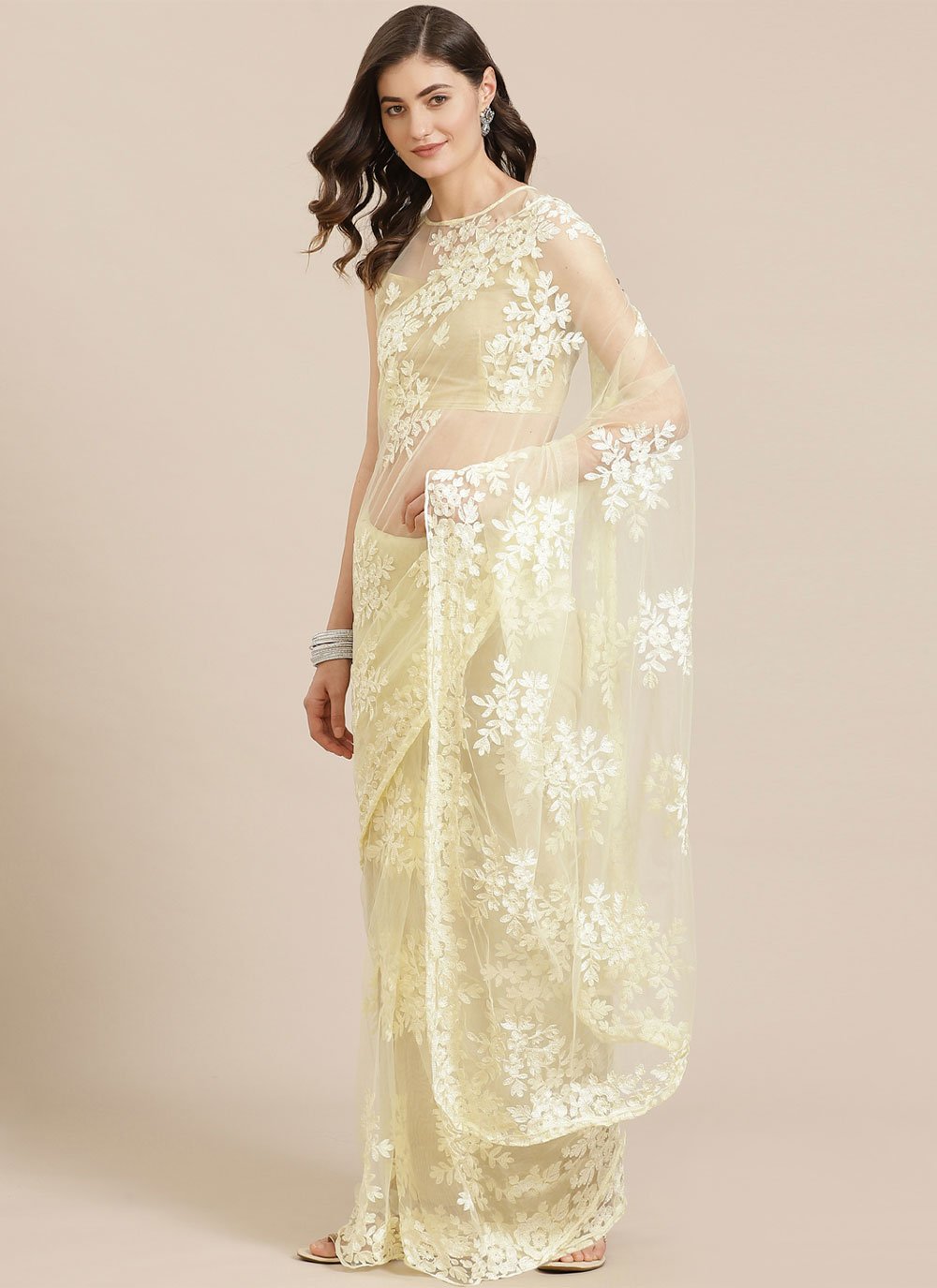 Classic Net Cream Embroidered Saree