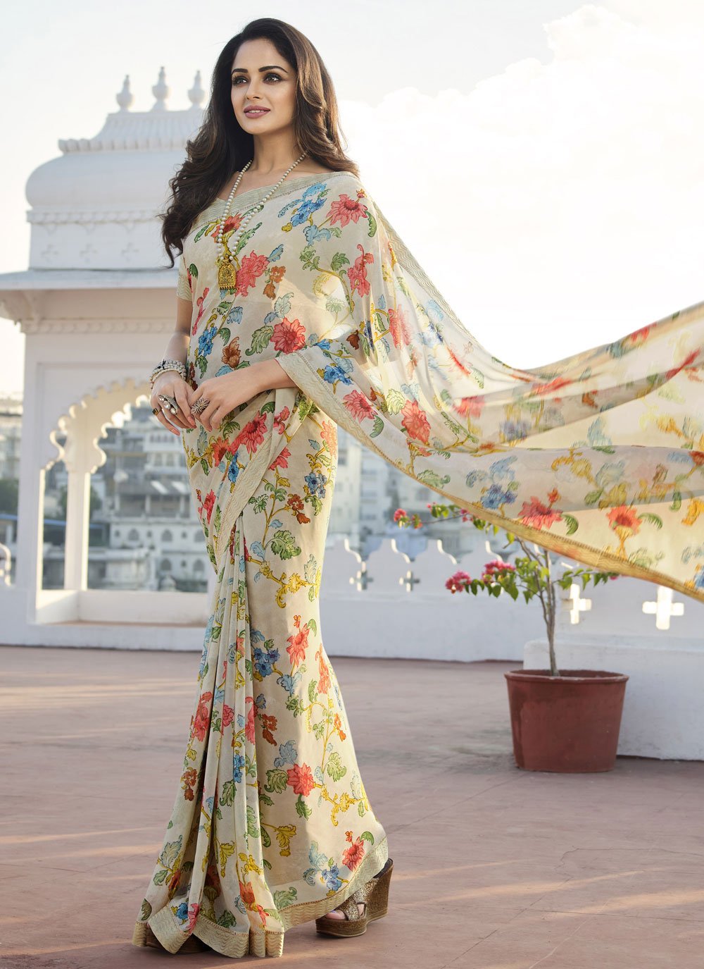 Trendy Saree Georgette Cream Print Saree