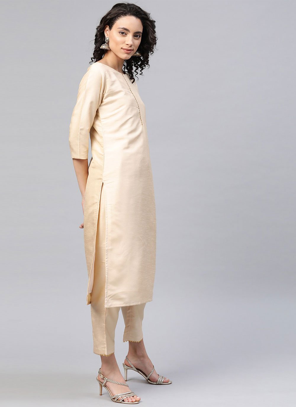 Salwar Suit Poly Silk Cream Plain Salwar Kameez