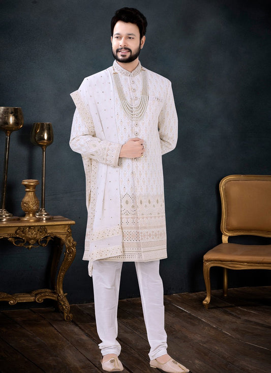 Indo Western Sherwani Georgette Cream Embroidered Mens