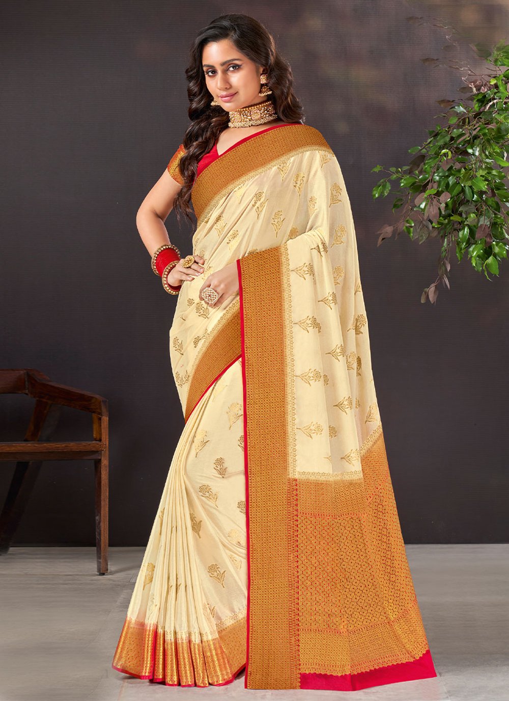 Classic Chiffon Viscose Cream Weaving Saree