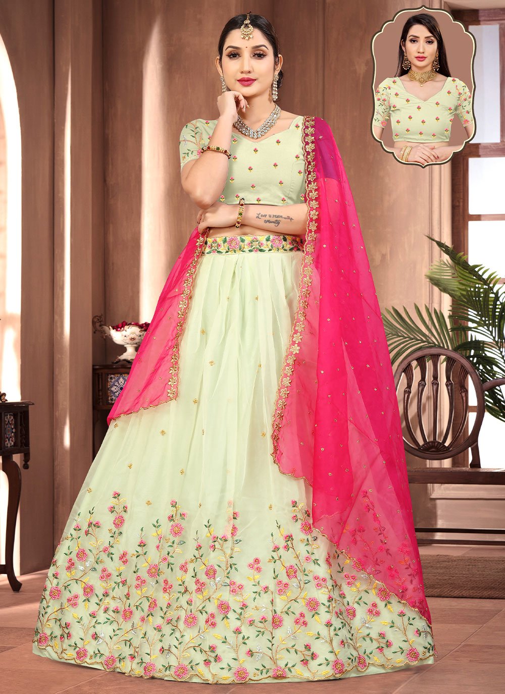 Lehenga Choli Organza Cream Embroidered Lehenga Choli