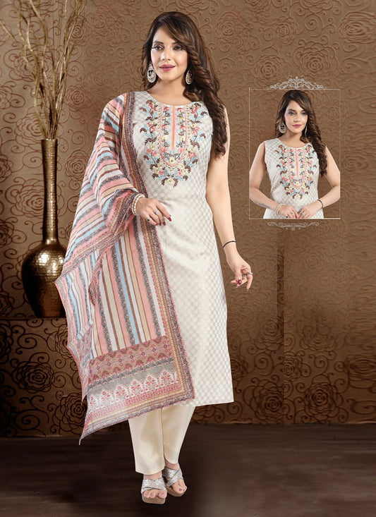 Salwar Suit Silk Cream Embroidered Salwar Kameez