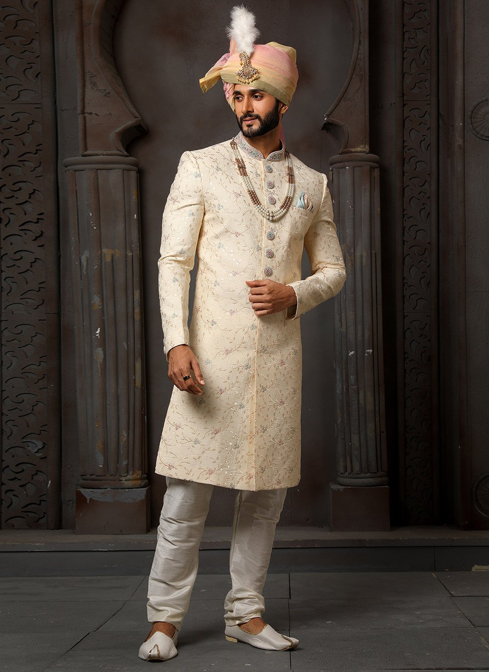 Sherwani Art Silk Cream Machine Embroidery Mens