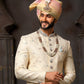 Sherwani Art Silk Cream Machine Embroidery Mens