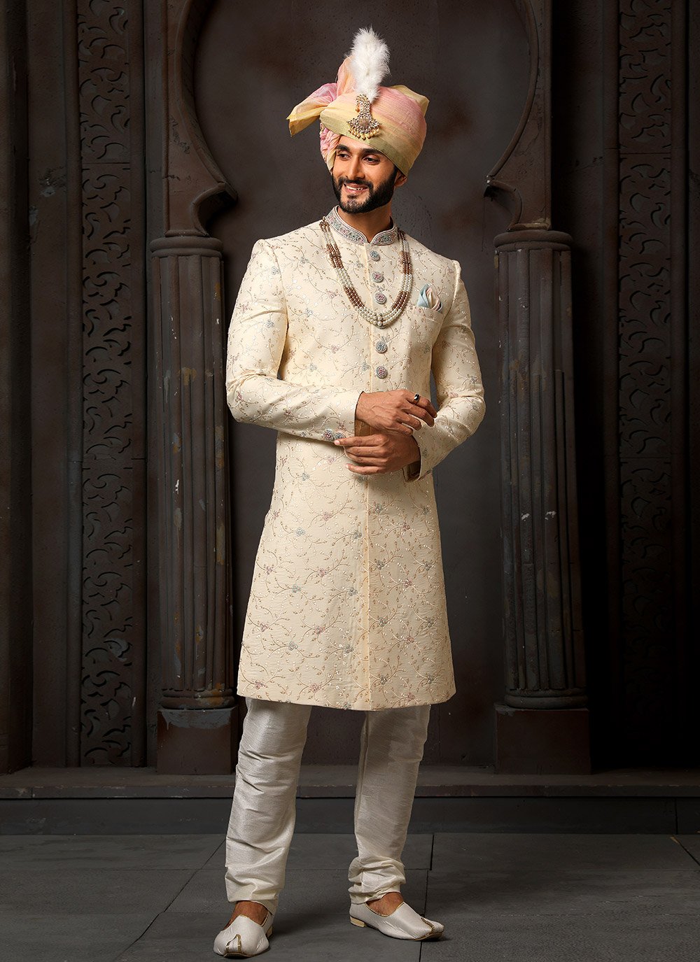 Sherwani Art Silk Cream Machine Embroidery Mens