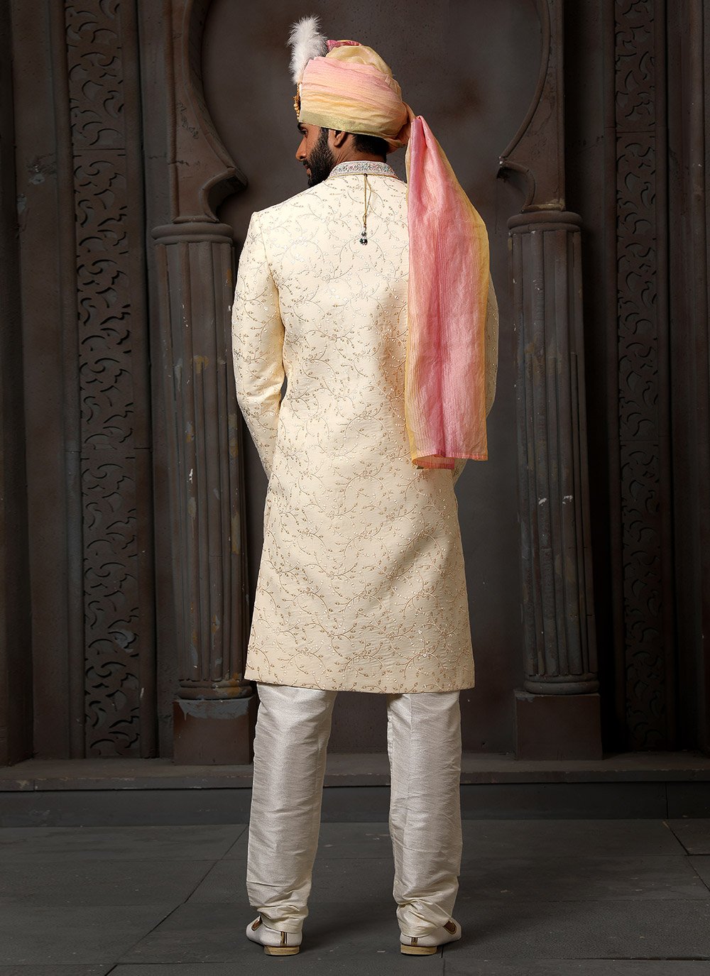 Sherwani Art Silk Cream Machine Embroidery Mens