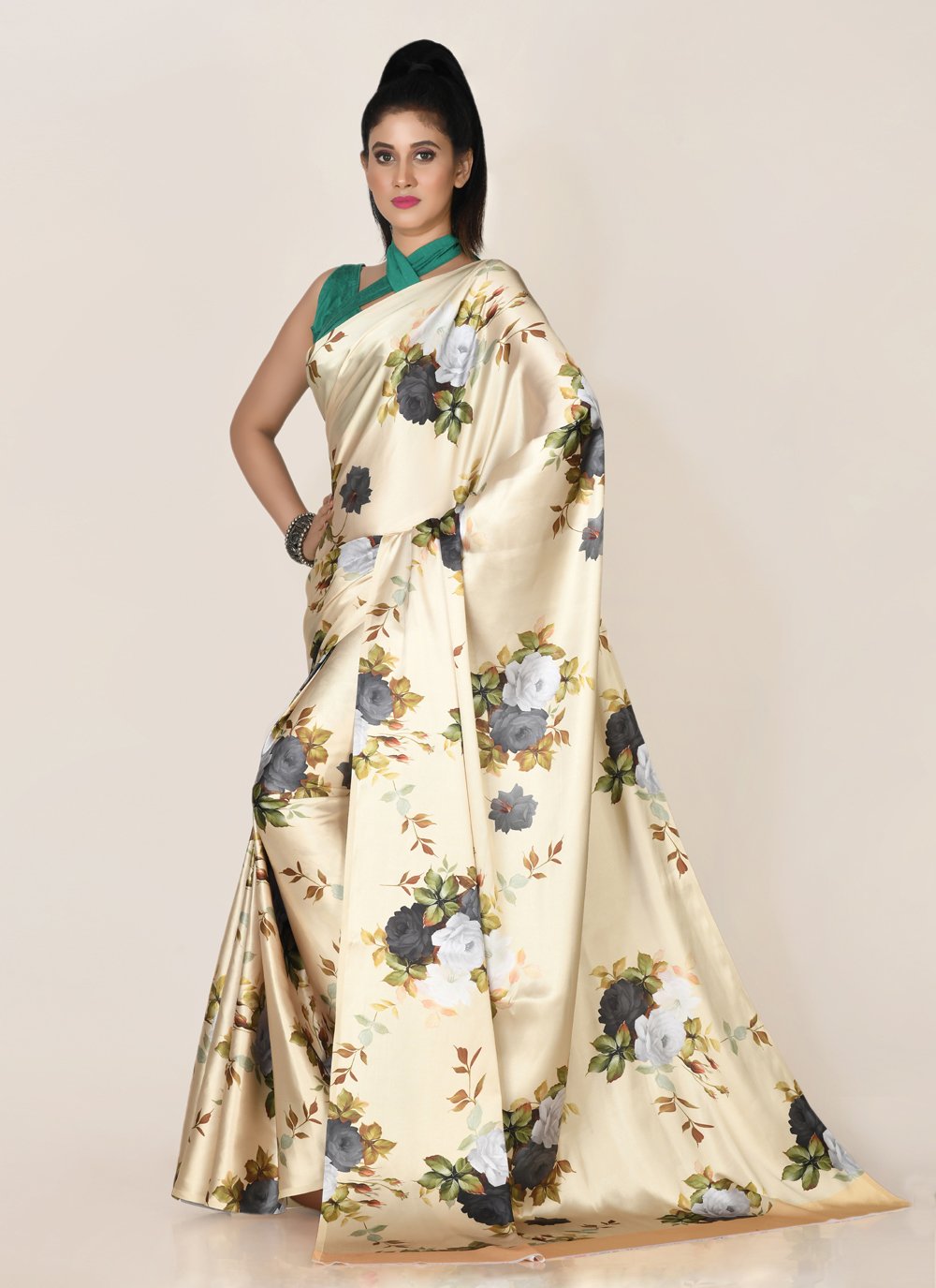 Designer Satin Cream Digital Print Saree