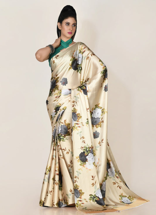 Designer Satin Cream Digital Print Saree