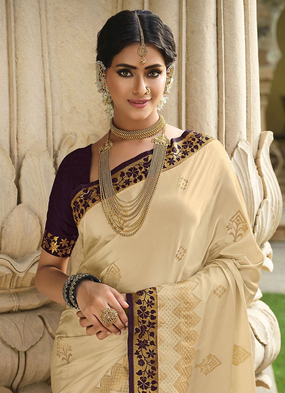 Classic Satin Silk Cream Weaving Saree