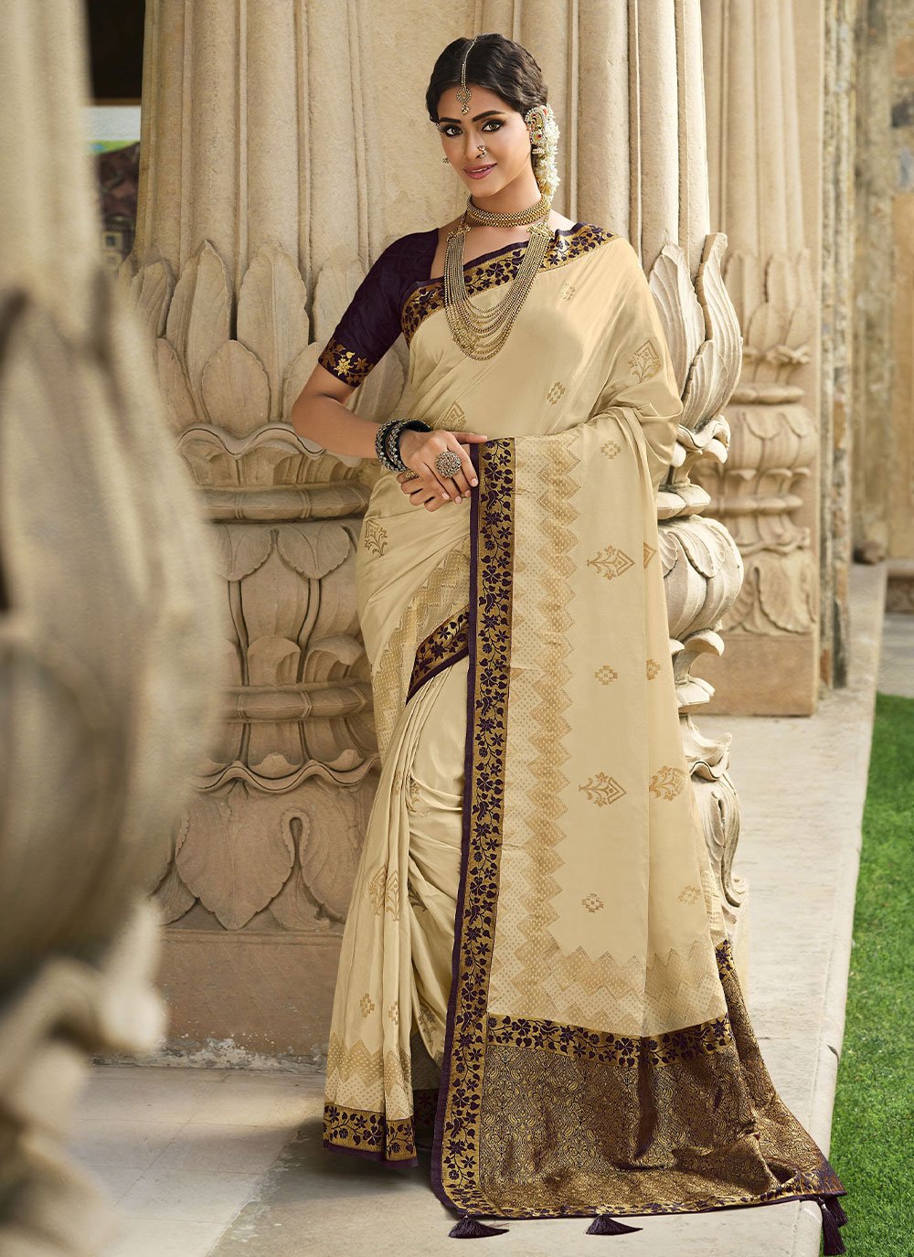 Classic Satin Silk Cream Weaving Saree