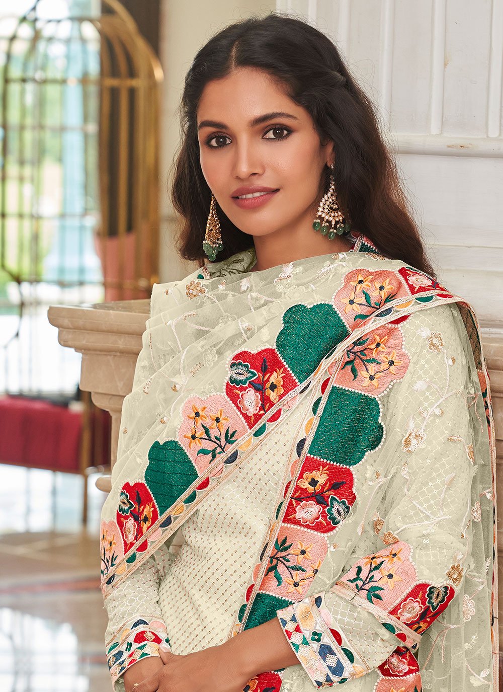 Churidar Suit Georgette Cream Embroidered Salwar Kameez