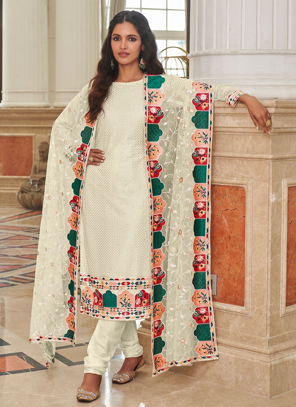 Churidar Suit Georgette Cream Embroidered Salwar Kameez