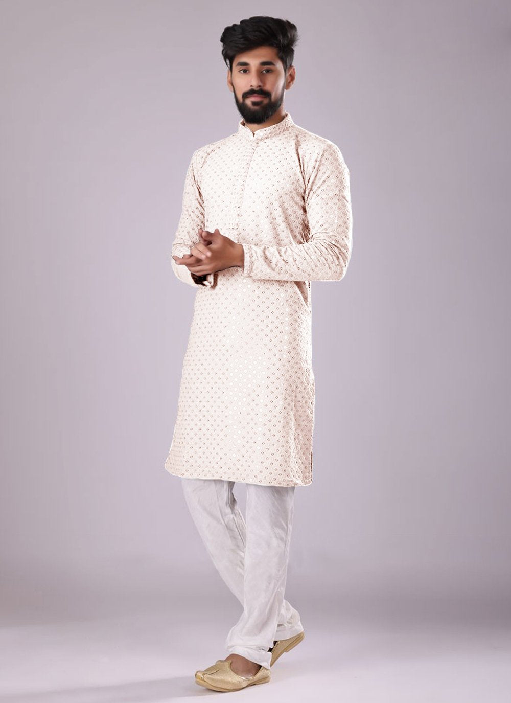 Kurta Pyjama Cotton Cream Chikankari Work Mens