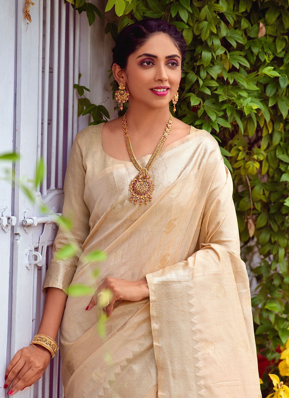 Classic Silk Cream Booti Saree