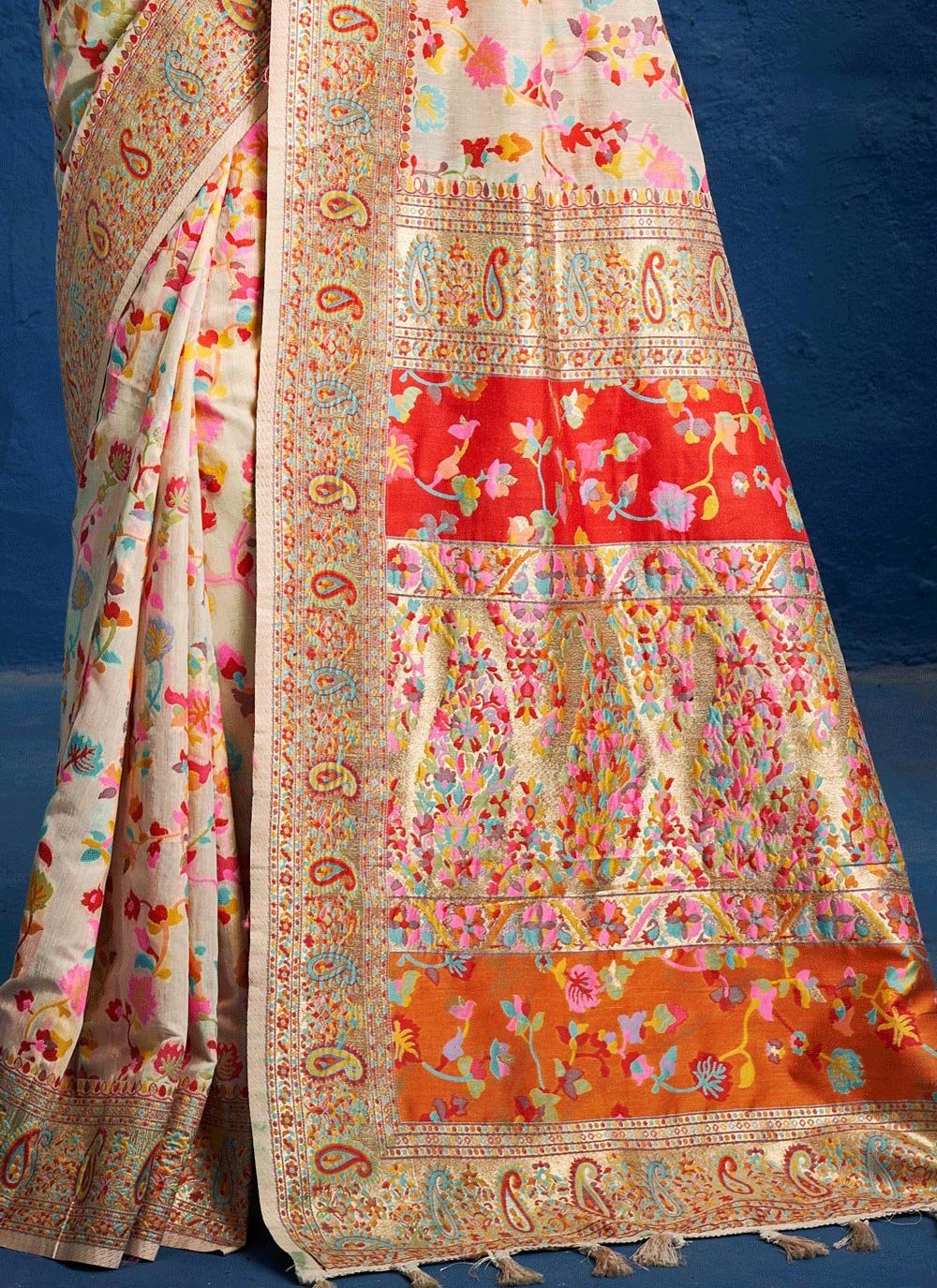 Traditional Saree Silk Cream Kashmiri Saree