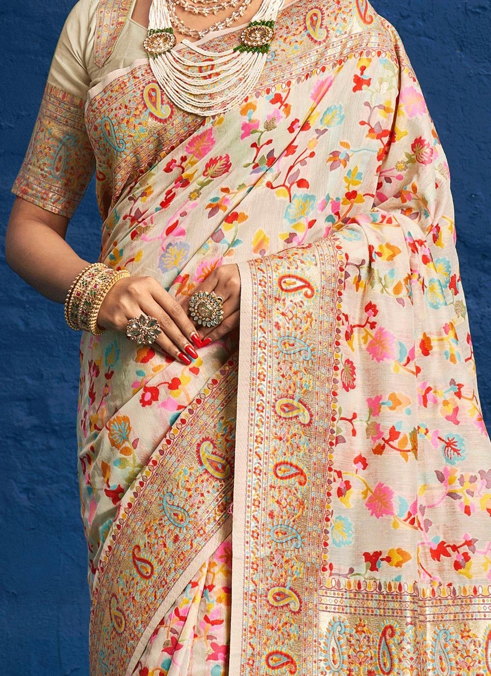 Traditional Saree Silk Cream Kashmiri Saree