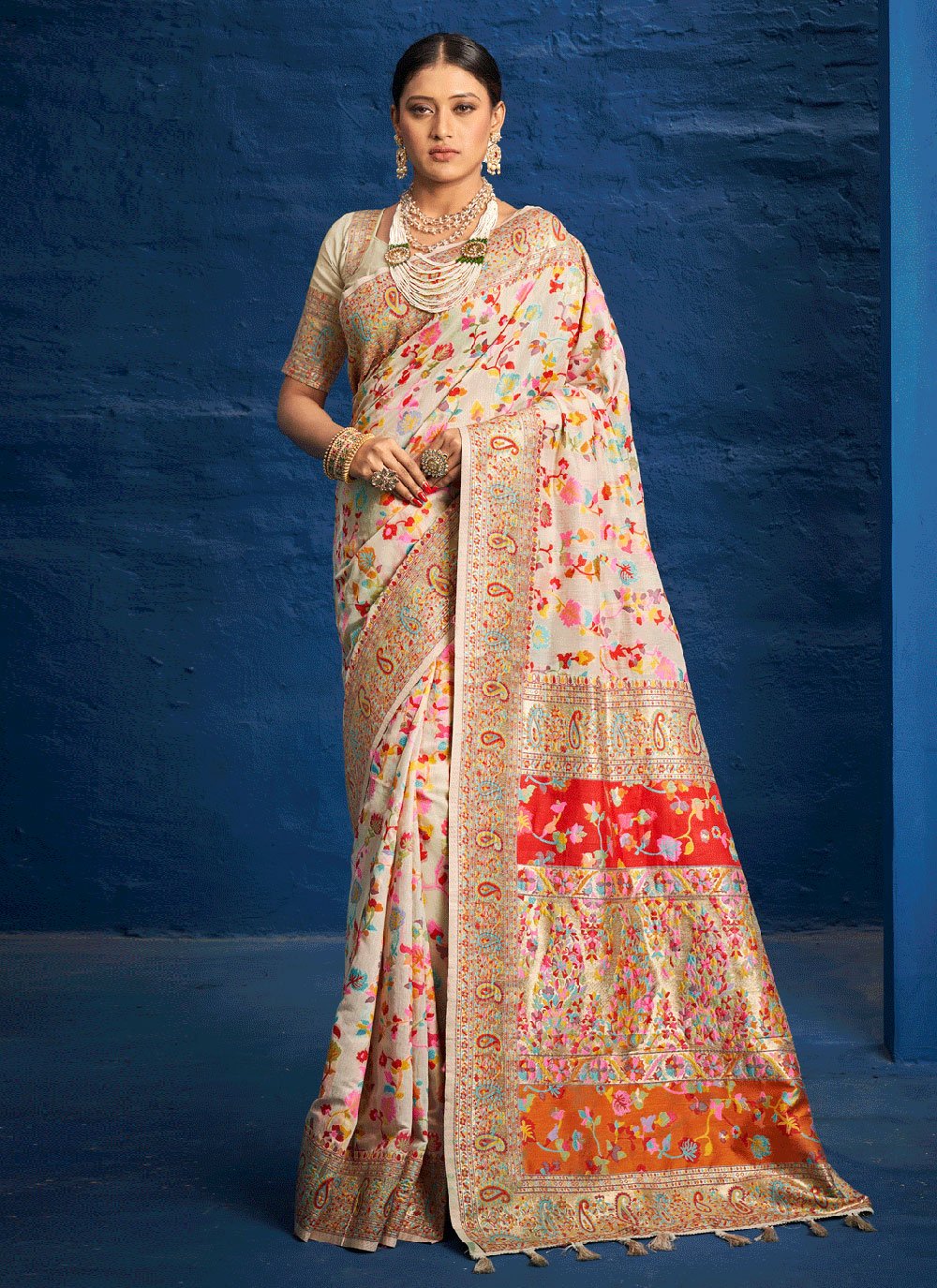 Traditional Saree Silk Cream Kashmiri Saree