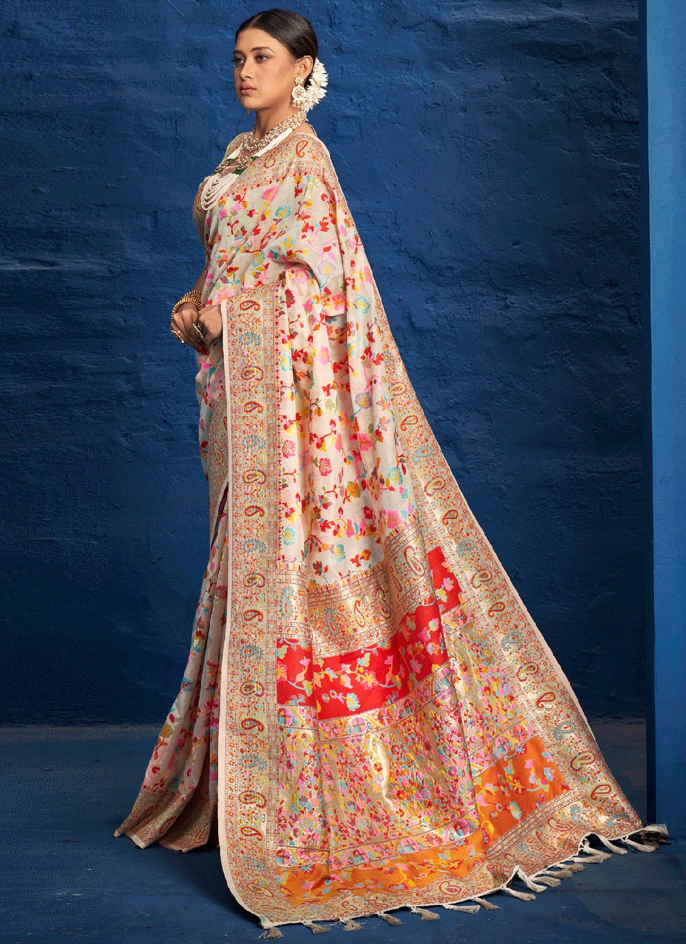 Traditional Saree Silk Cream Kashmiri Saree