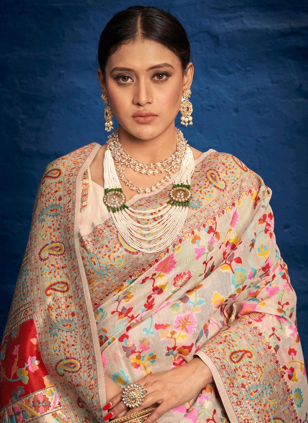 Traditional Saree Silk Cream Kashmiri Saree