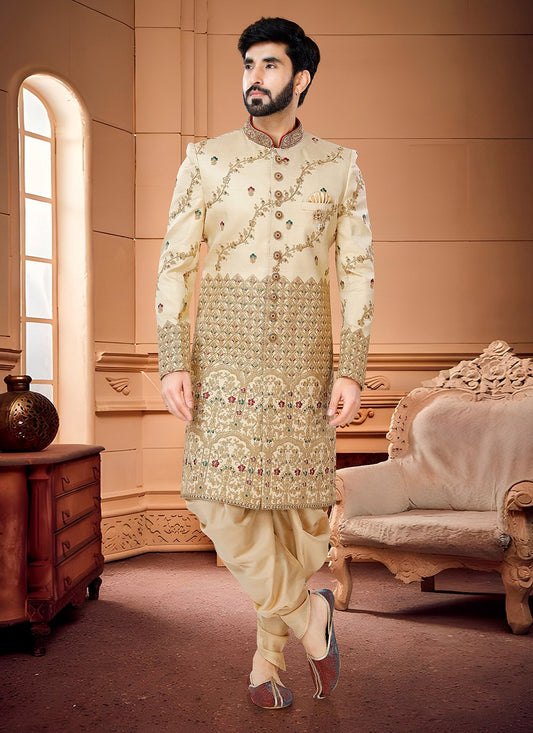 Indo Western Sherwani Silk Cream Hand Work Mens