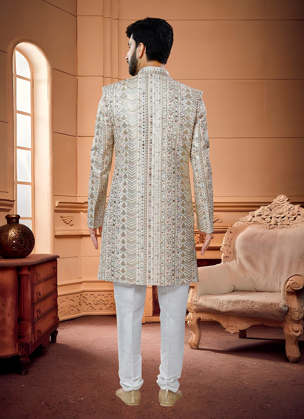 Indo Western Sherwani Silk Cream Embroidered Mens